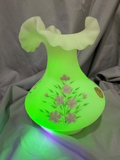 Fenton Vintage Custard Glass Ruffled Rim Vase Pink Frit Flowers UV Signed 7