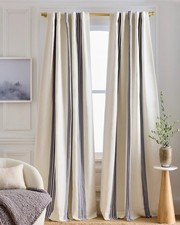 NWOT QUINCE Coastal Stripe Linen Cotton Room Dark Curtain Panel NAVY IVORY 84” picture