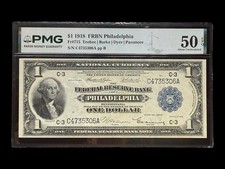Stunning 1918 $1 Federal Bank Reserve Large Note | Philadelphia | PMG 50 AU EPQ picture