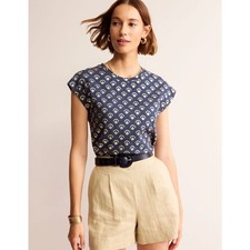 Boden Louisa Slub Tee Women's Size S Navy Gold Metallic Print Cap Sleeve NWOT picture