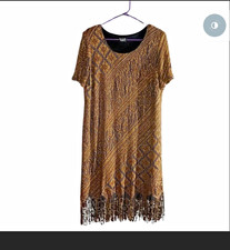  Helene Blake Gold Black Knit Fringe Mini Dress Flapper Vintage Size 16   picture