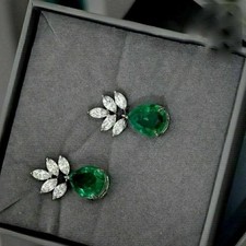 2.68 Ct Pear Cut Emerald Earring Wedding Earrings 14K Solid White Gold picture
