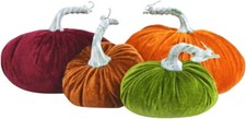 Fall Harvest Thanksgiving Decoratve Set Of Four(4)Velvet Plush Slouchy Pumpkins picture