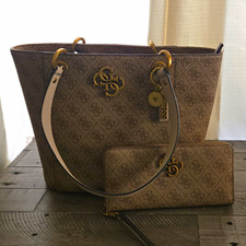 GUESS Brown Monogram Tote w/ Wristlet, Gold Hardware, Zip, Inner Pockets picture