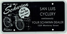 San Luis Obispo California San Luis Cyclery Vintage Schwinn Dealer License Plate picture