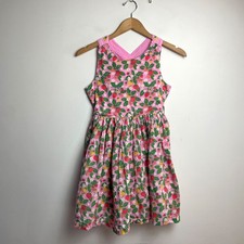 Mini Boden Kids Pink Strawberry Print Cross Back Embroidered Dress Sz 11-12Y picture