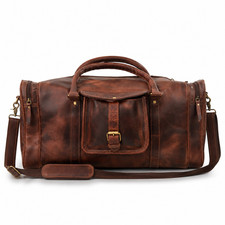Genuine Buffalo Leather Duffel Bag Travel Weekender Overnight Carry On Brown picture