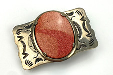 Vintage Nickel Silver Goldstone Cabochon Belt Buckle Southwest Style 2.5