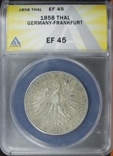 1858 Frankfurt German States Germany Silver Thaler ANACS EF45 (2632875) picture