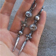 Antique Silver Star Flower Dangle Earrings Geometric Boho Statement Jewelry picture