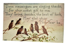 1915 New Year Postcard Birds on Branch Holly M.H.S. F.A. Owen Antique Used picture