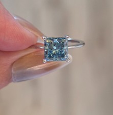 New 2.09 CT Fancy Blue Lab Grown Princess Cut Diamond Ring 14K White Gold picture
