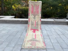 Herki Kurdish Runner Rug 3.1x12.4 ft Pink Ivory Tribal Turkish Vintage Wool picture