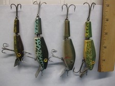 Set of 4 vintage L&S fishing lures, glass eyes, large Pike Master. Bass Master picture