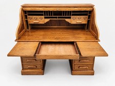 Vintage Oak Roll Top Desk Executive Secretary Writing Office Golden Brown picture