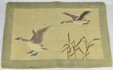 VINTAGE GRENFELL HOOKED RUG c1950's - MALLARDS IN FLIGHT - 23 1/4