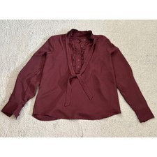 LOFT Womens XS Burgundy Ruffle Tie Neck Long Sleeve Blouse Top Burgundy picture