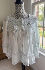 FARM Rio Light Blue Cotton Lace Embroidered Button Front 3/4 sleeve Blouse XS picture