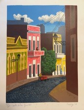 Luis Cajiga “Calle de San Juan I” 1978 Puerto Rican Print — Street Vendor Scene picture
