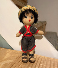 Vintage Handmade Cloth Folk Doll Boy Woven Straw Hat Traditional Costume. picture