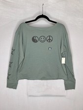 Aeropostale Shirt Womens Medium Green Boat Neck Long Sleeve Peace Smiley NEW picture
