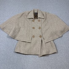 Saks Fifth Avenue Herringbone Wool Blend Cape Coat Poncho Brown White O/S Luxe picture