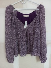 NWT LOFT Womens Polyester Purple White Casual Career Boho Peasant Top L picture