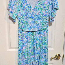 Lilly Pulitzer Women's S Midi Dress V-Neck Long Flutter Sleeve Shell Blue/Green picture