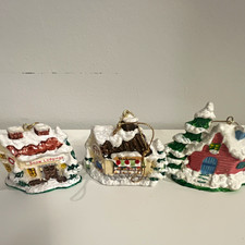 VTG Russ Bertie Snowy Village House Christmas Ornaments Set of 3 Multicolor  picture