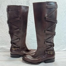 Frye Jordan Strappy Tall Brown Genuine Leather Riding Equestrian Boots Low Heel picture