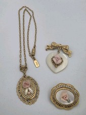Vtg 1928 Pink Ceramic Rose Heart MOP Gold Tone Brooch Choker Necklace Lot Of 3 picture