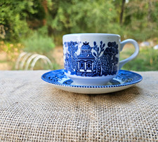 Churchill Blue Willow Cup and Saucer Set FREE US SHIPPING Vintage England picture