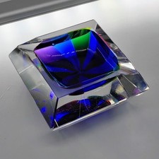 Vtg Murano Sommerso Glass Ashtray Mandruzzato Faceted Cut Blue & Green picture