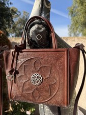 Brighton Ferrara Medallion Calla Whiskey Brown Laser Etched Leather Crossbody picture