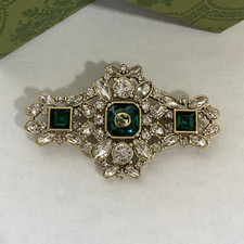 Gucci Gold Tone Green Clear Crystal Cluster Rectangle Brooch Pin Signed Italy picture