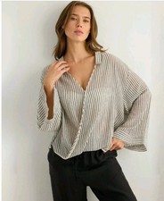 The Handloom LA Striped Surplice Sade Top High-low Cotton V-neck Blouse One Size picture
