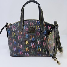 Dooney & Bourke Logo Zip Satchel, Black/Multicolor, Detachable Strap, Red Lining picture