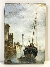 Antique Painting On Pottery Plaque Harbor Scene As Is picture