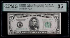 Face plate 212 Engraving Error 1934B $5 Star FRN PMG 35 Fr#1958-Bfpe* B02162784* picture