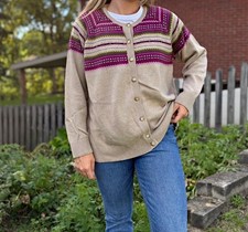Coldwater Creek 2X Beige Fair Isle Button Front Cotton Knit Cardigan Sweater picture