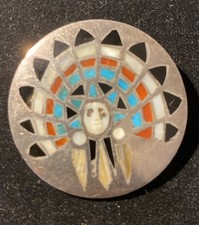 Vintage Zuni Sunface Brooch Sterling Silver Multi-Stone Inlay AZRR Signed picture