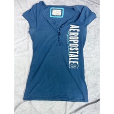 Aeropostale Womens XL Blue Ribbed Henley Short Sleeve Graphic Logo T-Shirt 1987 picture