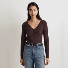 Madewell Semi-Sheer Shirred V-Neck Top In Chocolate Raisin- Size XL picture
