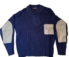 Vintage Paul Stuart NY Mens Navy Ribbed Lace Up Sweater Elbow Patches picture