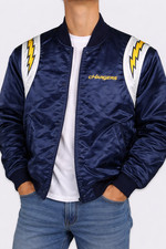 80’s San Die-go Char-gers Full-Snap Navy Blue Satin Men's Varsity Bomber Jacket picture