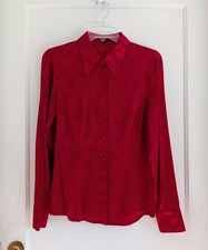 Escada Vivid Red Silk Brocade Floral Button Blouse Size 36 picture