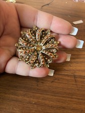 Vintage Liz Claiborne Brooch Pin Amber Rhinestones Copper Color Faux Pearls  picture