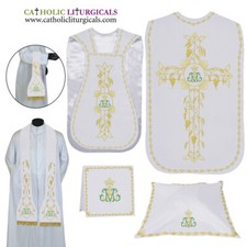 NEW WHITE Roman Chasuble Fiddleback Set Vestment 5pcs mass set AM embroidery picture