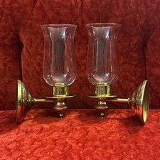 Vintage Pair Brass Gold Tone Wall Sconces W/ Hurricane Glass Chimney Shades 9” picture
