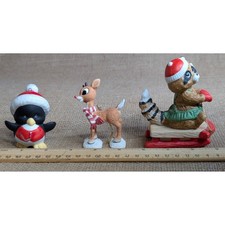 Vintage Enesco Christmas Figurines Set Penguin Rudolph Raccoon Ceramic 1985 picture